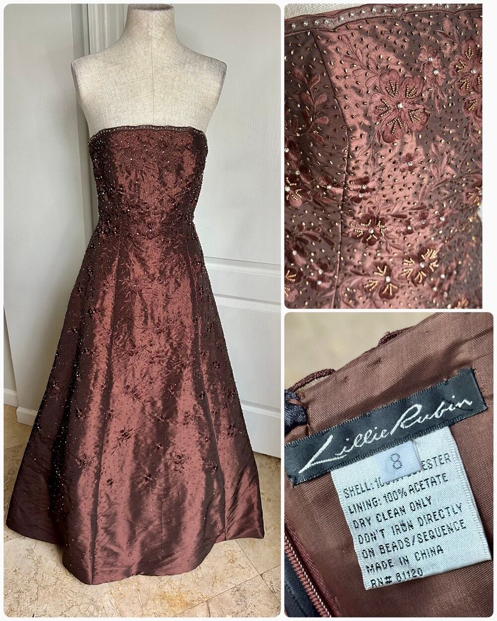 VTG Lillie Rubin Chocolate Brown Strapless Beaded Evening Gown Sz 8